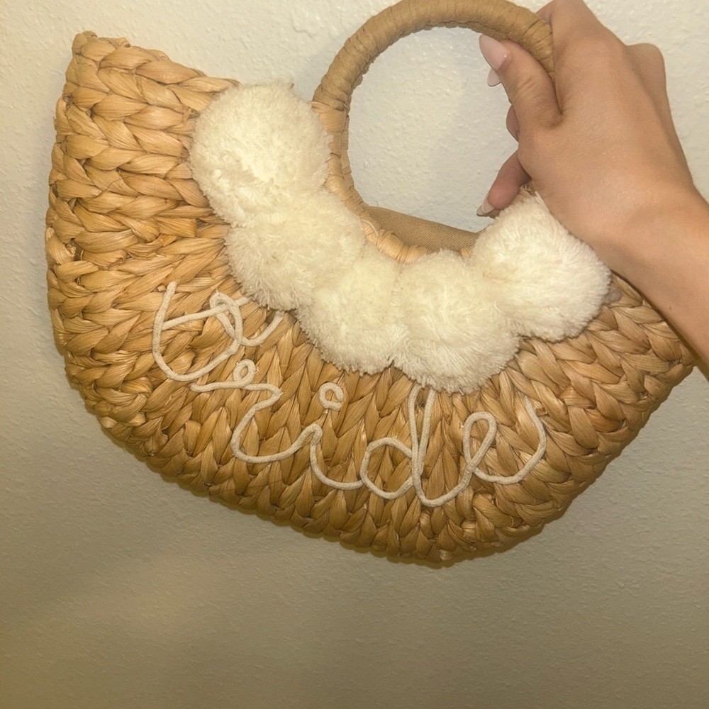 Bride Woven Straw Handbag with Pom Poms